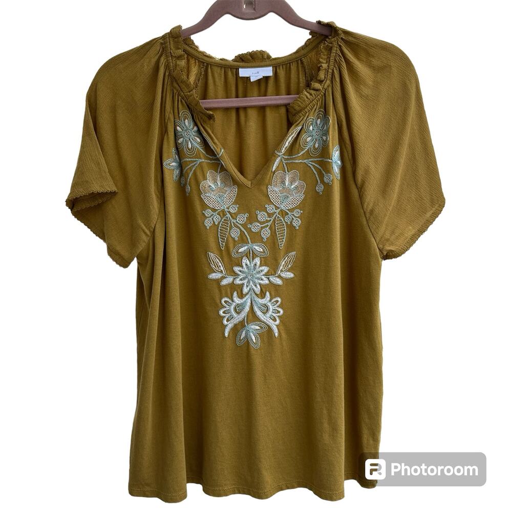 J. Jill Embroidered Peasant‎ Boho Top Size XS Mustard Gold Flutter Sleeve